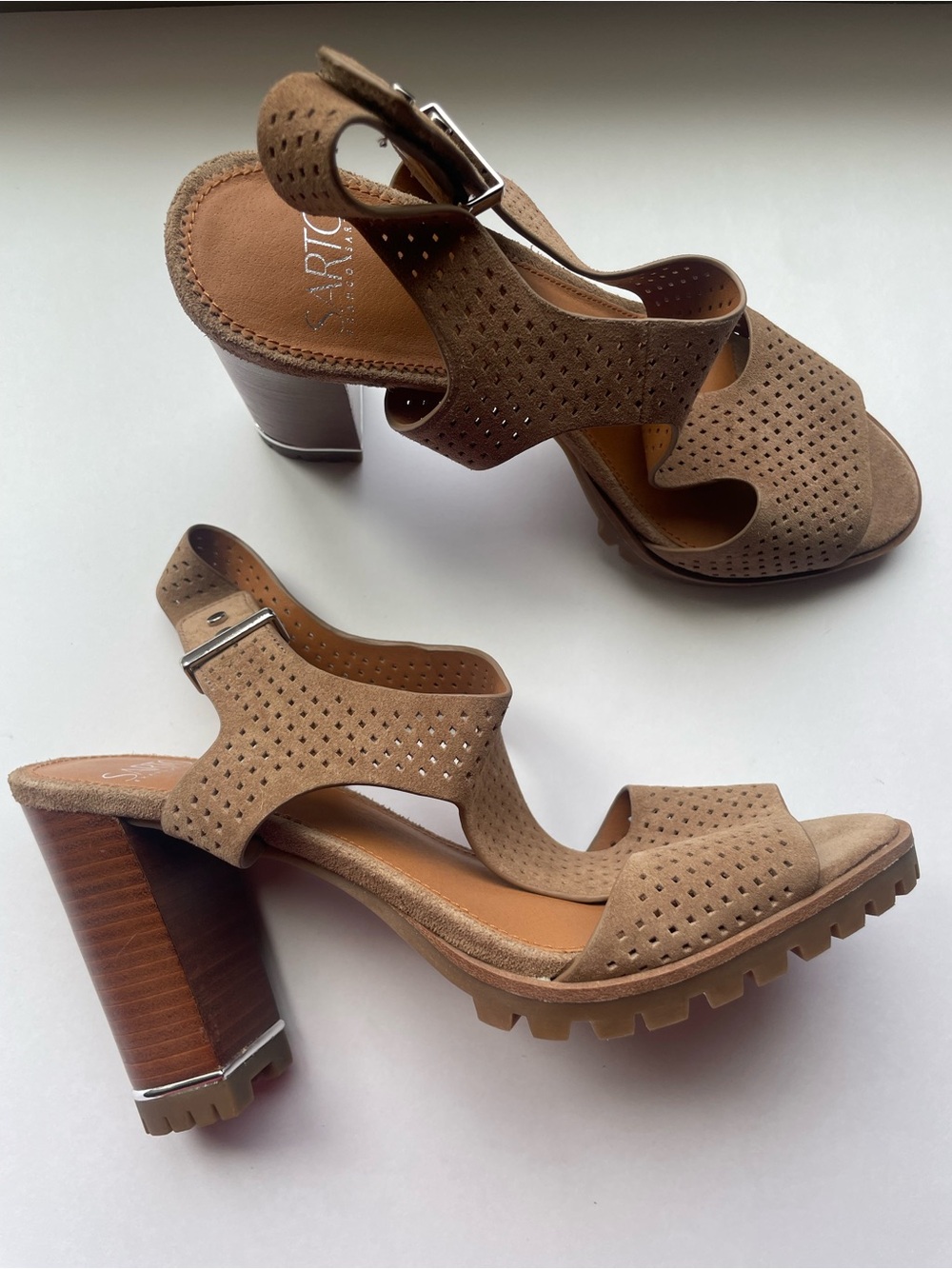 SARTO By Franco Sarto Tan Perforated Suede Block Heel Sandals - Picture 6 of 7
